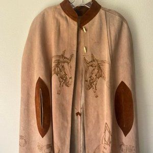 Vintage Genuine Suede Leather Poncho Cape w/ Fringe & Horse Detail